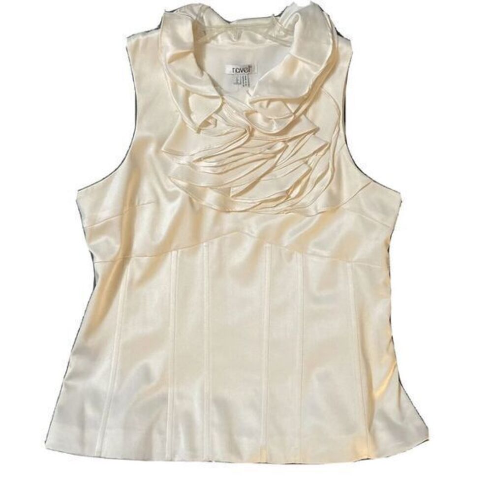 Ravel Cream Silky sleeeveless Blouse sz‎ L Stacked Ruffle Neckline Coquette